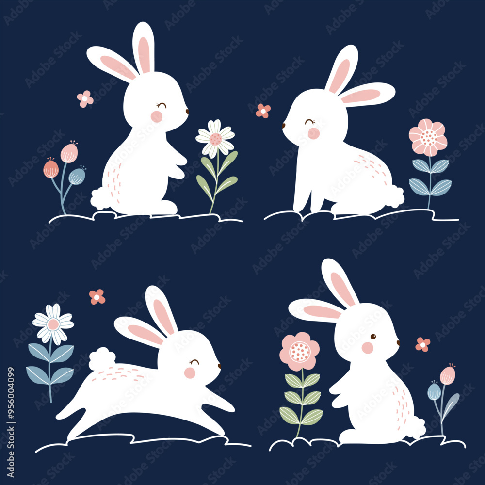 Fototapeta premium Several rabbits in various poses. Cute spring easter rabbit and floral elements design. Vector illustration for kids.