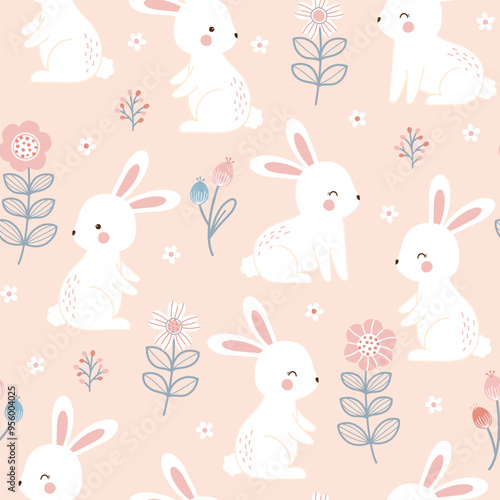 Playful cartoon bunny rabbits pattern. Seamless cartoon pattern with eater bunny and flower on pink background. Sweet repeat hand drawn fabric textile design for kids.