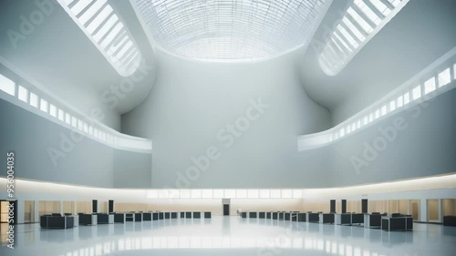 Modern White Building Interior with High Ceilings and Natural Light