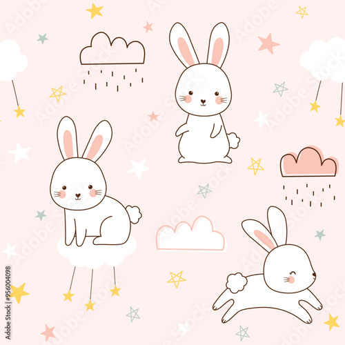 Seamless pastel cute bunny cloud on pink background. Childish spring rabbit in the sky pattern design. Vector illustration for print.