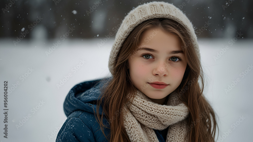 Winter Portrait of a Girl, Wrapped in Warm Clothes Amidst Snow Winter Portrait of a Girl, Wrapped in Warm Clothes Amidst Snow