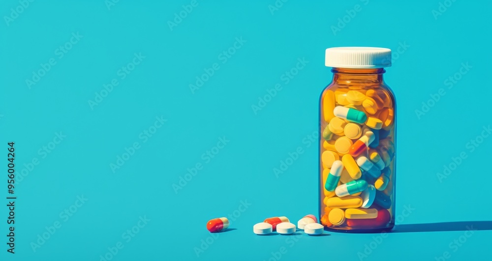 Colorful Pills Bottle with White Label Against a Blue Background, Web Banner with Copy Space on the Left Side Colorful Pills Bottle with White Label Against a Blue Background, Web Banner with Copy Space on the Left Side