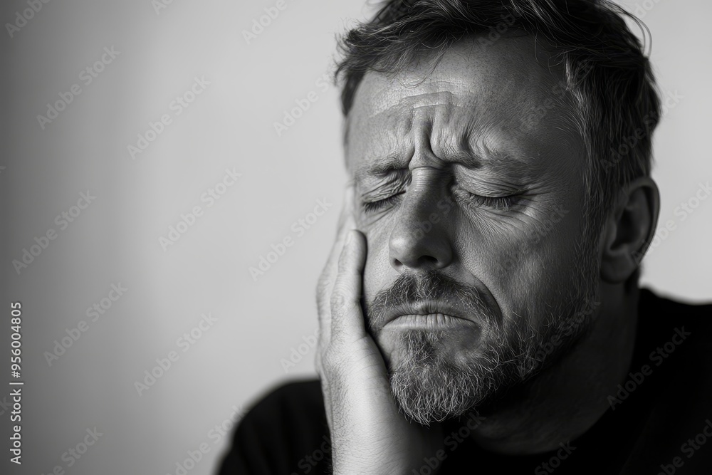 A man with a beard is experiencing severe toothache, holding his cheek in pain. His eyes are closed and his expression is one of agony. This image symbolizes pain, discomfort, dental problems, and th A man with a beard is experiencing severe toothache, holding his cheek in pain. His eyes are closed and his expression is one of agony. This image symbolizes pain, discomfort, dental problems, and th
