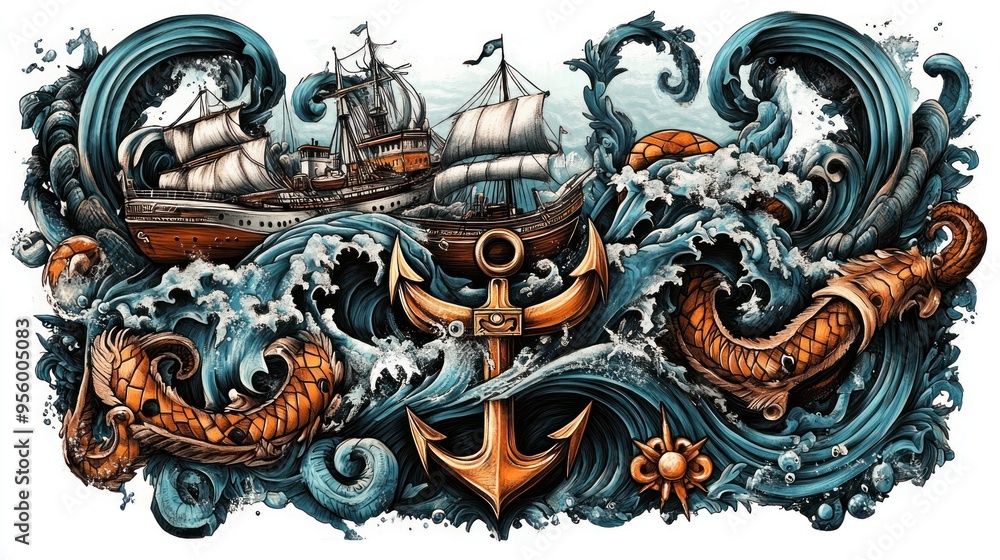 Nautical Illustration with Ship and Anchor Nautical Illustration with Ship and Anchor