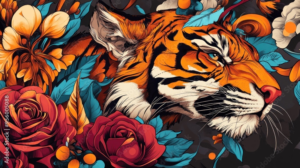 Tiger Portrait With Flowers Tiger Portrait With Flowers