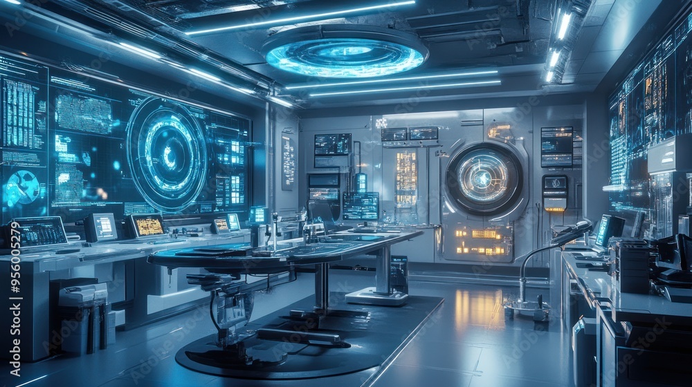 Futuristic Control Room with High-Tech Displays Futuristic Control Room with High-Tech Displays