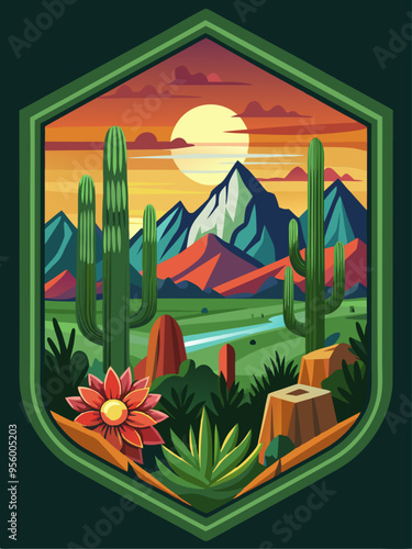 Desert Landscape with Cactus, Mountains, and Sunset