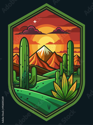 Mountainous Desert Landscape with Cacti at Sunset