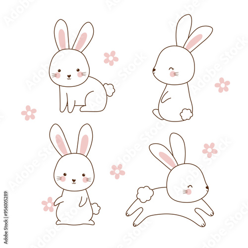 Cute cartoon bunny rabbit outline sketch vector illustration. Cute spring easter rabbit clipart set.