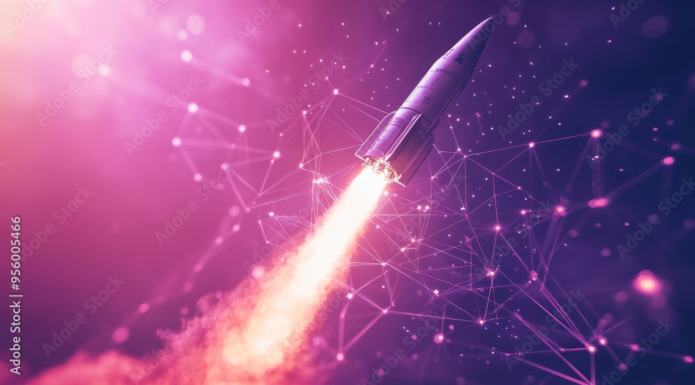 A powerful rocket launch against a vibrant pink and purple background with a network of connected dots. This image symbolizes forward momentum, innovation, ambition, progress and the pursuit of new ho A powerful rocket launch against a vibrant pink and purple background with a network of connected dots. This image symbolizes forward momentum, innovation, ambition, progress and the pursuit of new ho