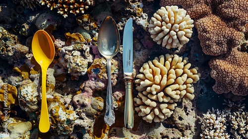A knife and a plated tine with a yellow spoon folded are lying on a coral landscape