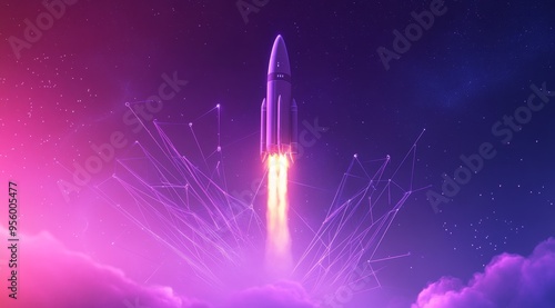 A powerful rocket launch through a vibrant pink and purple sky, representing progress, innovation, and breaking through limitations. This image symbolizes the journey of growth, overcoming challenges,