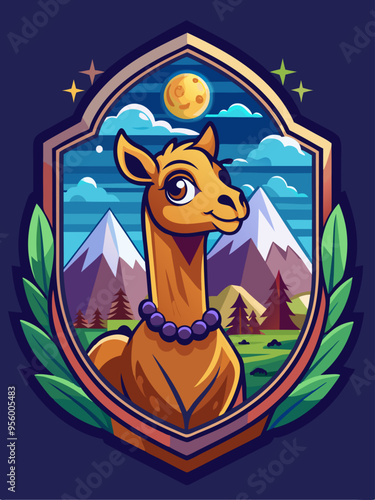 Llama in a Mountain Landscape with Full Moon and Stars