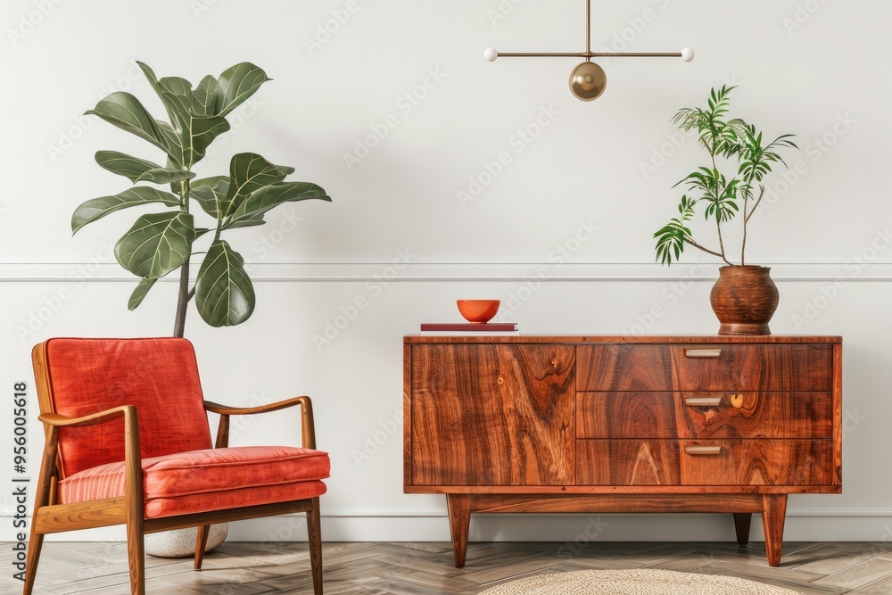 Mid-Century Modern Living Room with Wooden Cabinet and Red Armchair Mid-Century Modern Living Room with Wooden Cabinet and Red Armchair