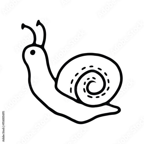 A playful black and white outline illustration of a snail with expressive eyes and a spiral shell.