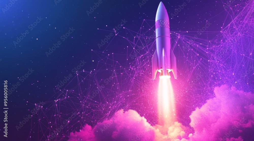 Naklejka premium A rocket blasts off into the sky, leaving a trail of vibrant digital connections behind it. This image symbolizes innovation, progress, and the power of technology to connect us all.