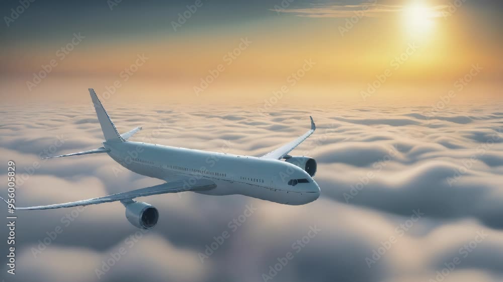 Airplane Flying Over Clouds at Sunset