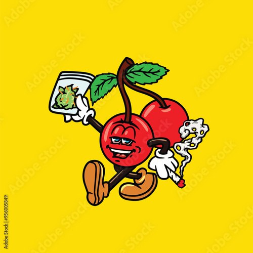 food smoking character gelato cartoon mascot logo leaf face happy with holding nug