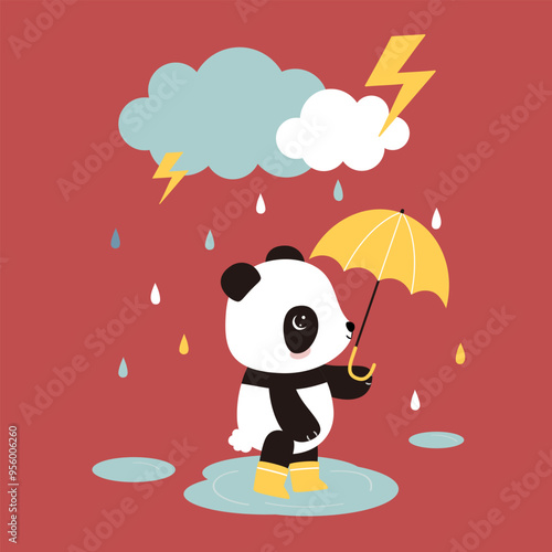 Doodle panda holding an umbrella cartoon character. Vector illustration for fabric textile print wrapping paper design.