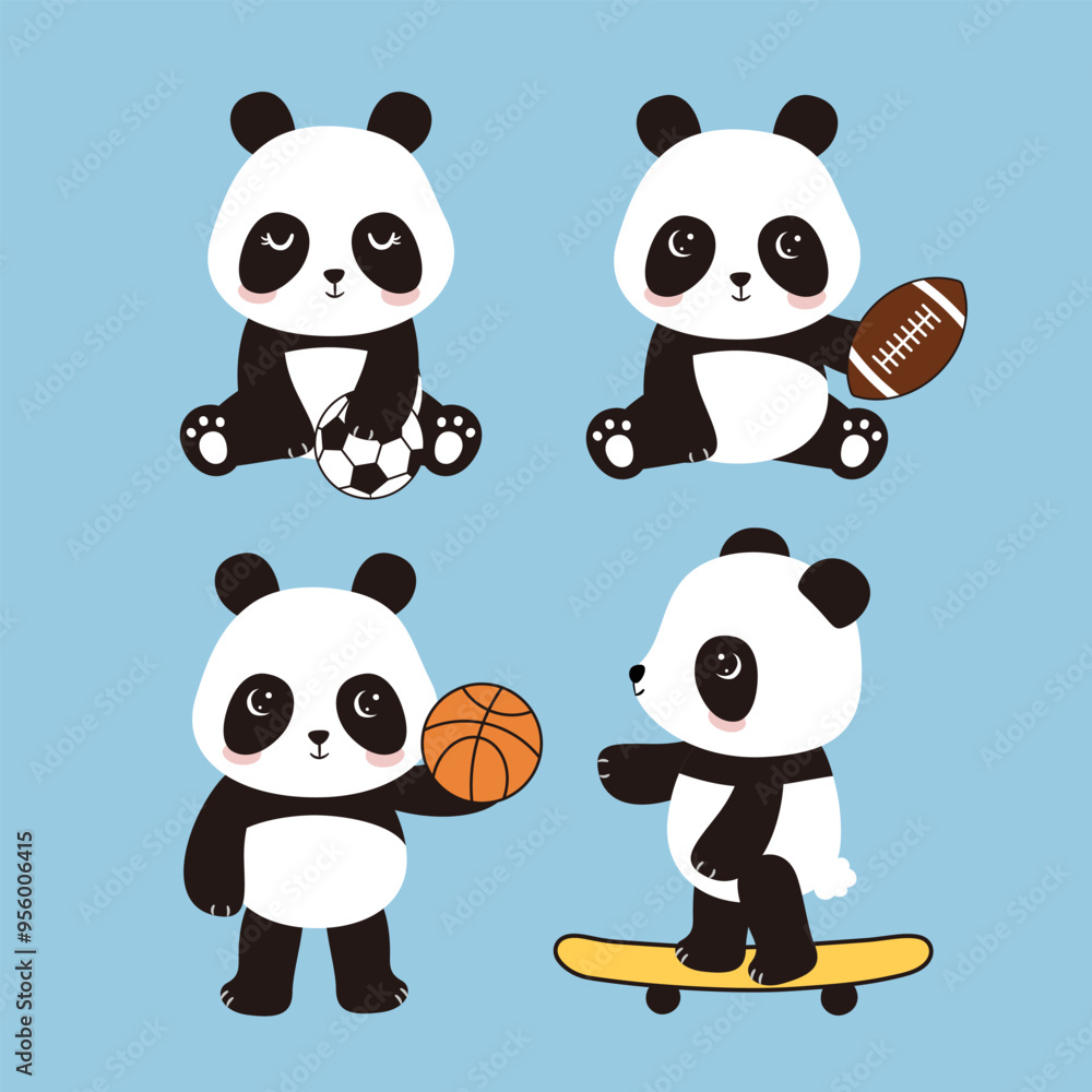 Obraz premium Collection of panda playing balls. Panda cliparts for fabric textile print wrapping paper design. Vector illusrtation.