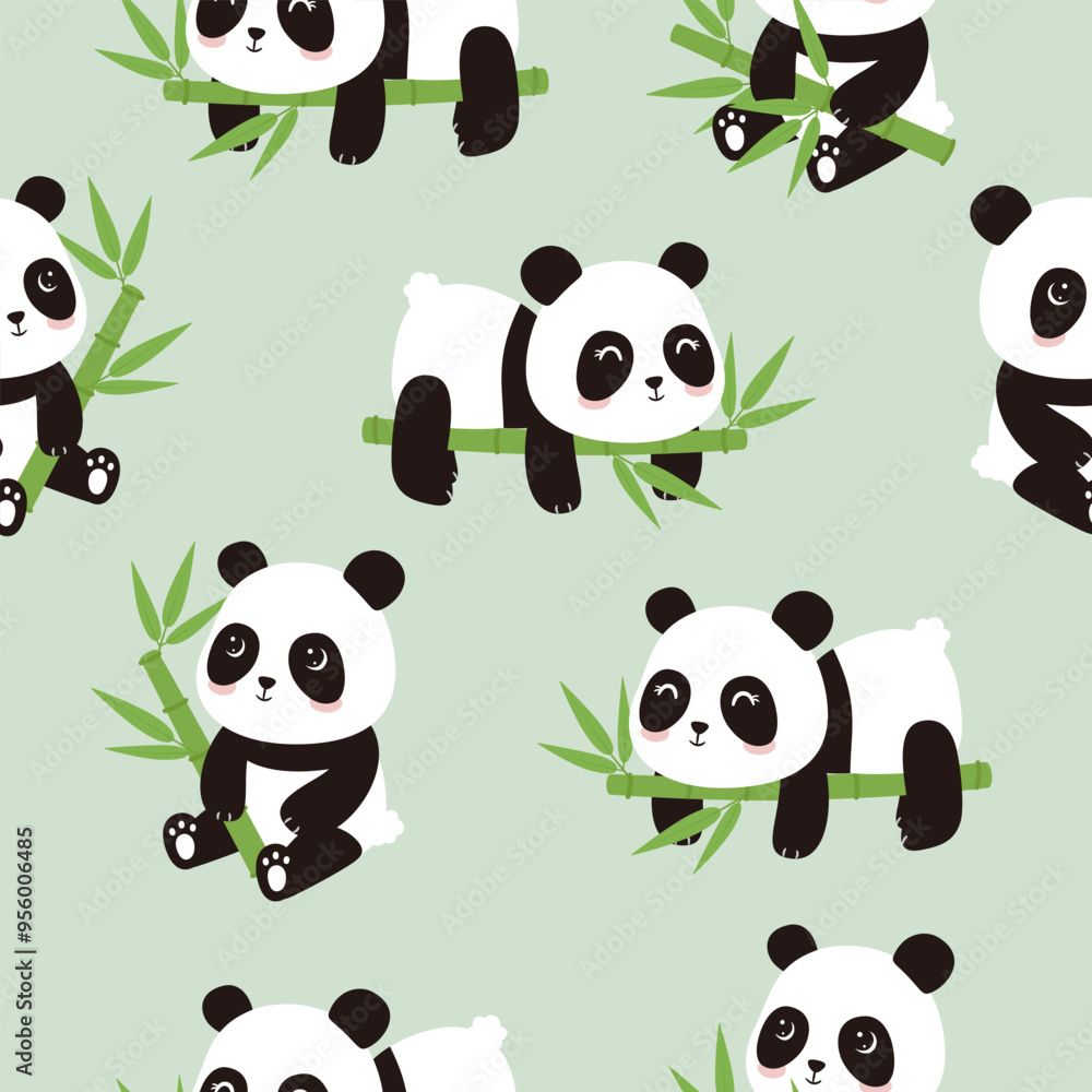 Seamless cartoon panda bear with bamboo leaves on green background. Cute Panda pattern for kids apparel fabric textile nursery decoration wrapping paper.