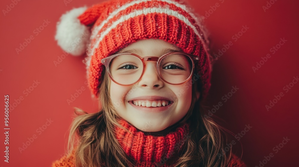 Minimal concept of a smiling hipster female child wearing Christmas clothes being photographed, against a red background Minimal concept of a smiling hipster female child wearing Christmas clothes being photographed, against a red background