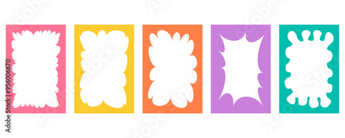 Wavy border frame. Scalloped rectangle fun shape. Hand drawn kids vector box for picture and photo. Cartoon doodle abstract color template with wiggle edge. Curvy Y2K decoration.