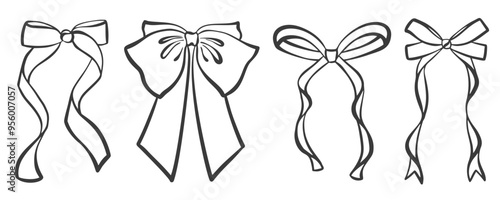 Ribbon bow and tie with knot for hair. Cute black doodle illustration. Vintage hand drawn outline decorative girly accessory. Fashion elements for birthday and Christmas