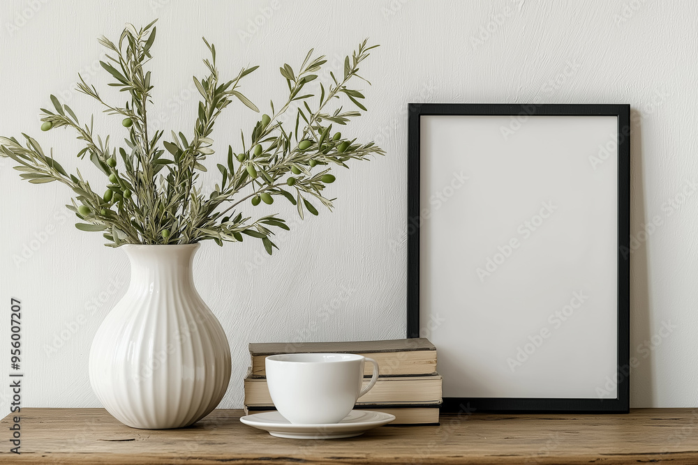 Minimalist home decor with a vase of olive branches, a framed blank picture, and a cup on a wooden table Minimalist home decor with a vase of olive branches, a framed blank picture, and a cup on a wooden table