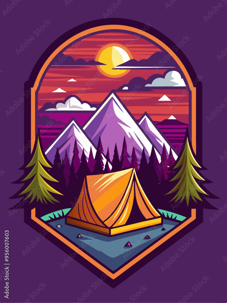 Mountain Sunset Campsite with Tent and Pine Trees Mountain Sunset Campsite with Tent and Pine Trees