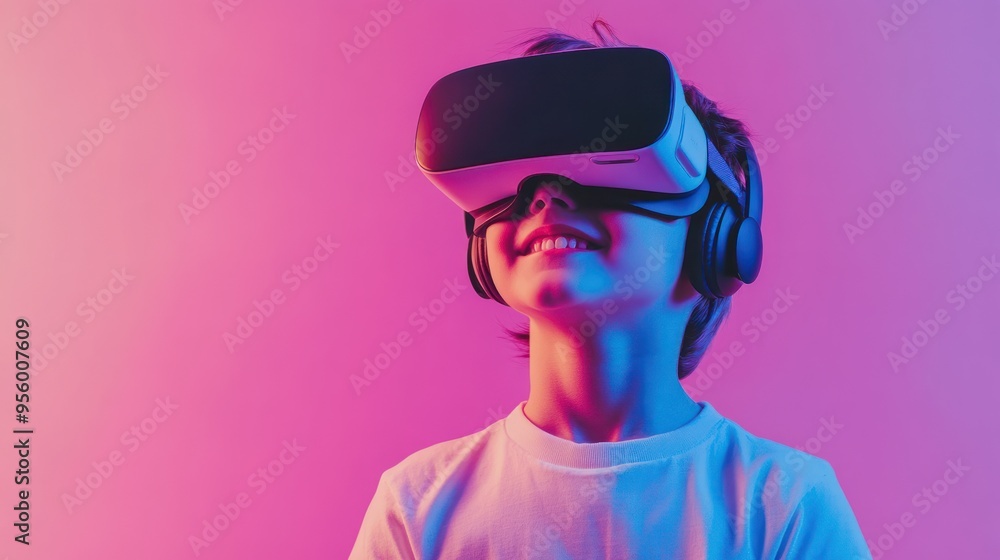 A joyful hipster child explores virtual worlds wearing a VR headset under pastel-colored lighting in a contemporary setting A joyful hipster child explores virtual worlds wearing a VR headset under pastel-colored lighting in a contemporary setting