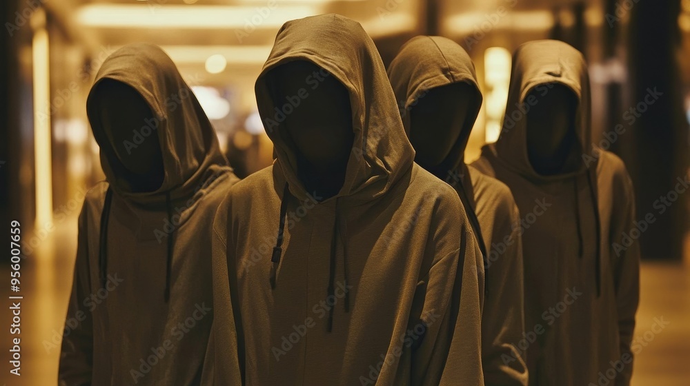 Four individuals are obscured by hooded garments, their faces hidden, creating an air of mystery and intrigue. This image evokes themes of anonymity, secrecy, and the unknown, suggesting a story yet t Four individuals are obscured by hooded garments, their faces hidden, creating an air of mystery and intrigue. This image evokes themes of anonymity, secrecy, and the unknown, suggesting a story yet t