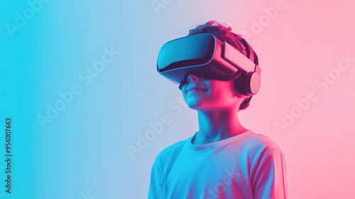 A joyful hipster child explores virtual worlds wearing a VR headset under pastel-colored lighting in a contemporary setting