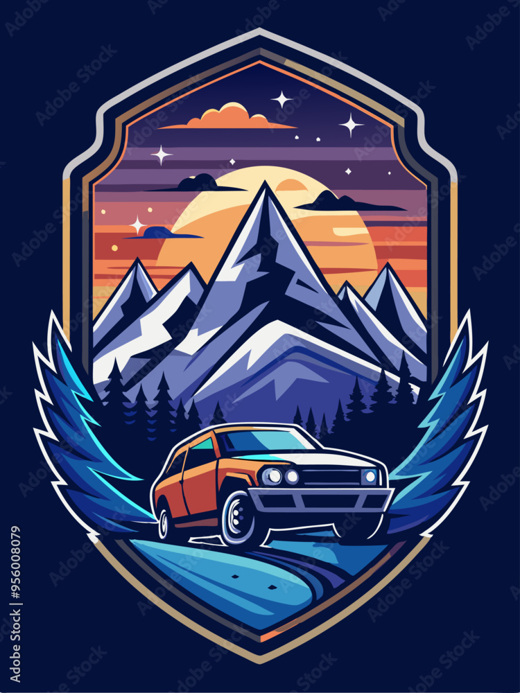 Naklejka premium Car Driving Through Mountains Under a Night Sky