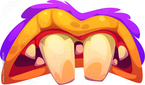 Halloween monster mouth with drool jaws, tongues and teeth. Cartoon vector scary devil smile with exaggerated, large, front teeth, purple upper lip with a fur-like texture, and a red and orange jaw