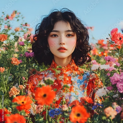 Elegant Asian Woman in Graceful Floral Garden Pose