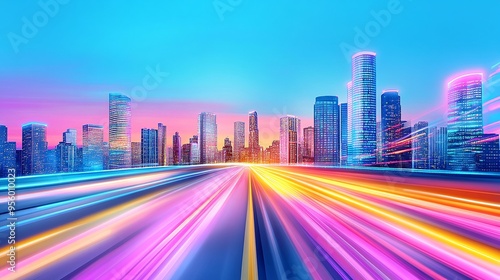 Vibrant city skyline at sunset with colorful light trails, showcasing modern architecture and a dynamic urban environment.