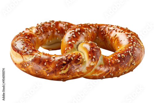 A delicious golden pretzel topped with coarse sea salt, perfect for snacking or as a side dish. Soft, warm, and freshly baked.