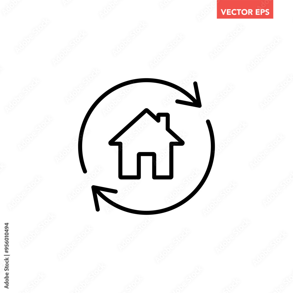 Single black house renovation line icon, simple update home rotation with arrow flat design pictogram vector for app logo ads web webpage button ui ux interface elements isolated on white background Single black house renovation line icon, simple update home rotation with arrow flat design pictogram vector for app logo ads web webpage button ui ux interface elements isolated on white background