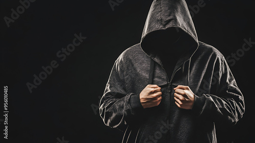 Mysterious hooded silhouette Dark setting Black casual clothing Teenage stalker Sinister figure hidden in shadows Concealed face Halloween inspiration Burglar thief Ominous presence in black photo