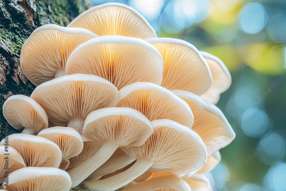 Beautiful bunch of mushrooms with colored light in the tree background texture. Macro photography Beautiful bunch of mushrooms with colored light in the tree background texture. Macro photography
