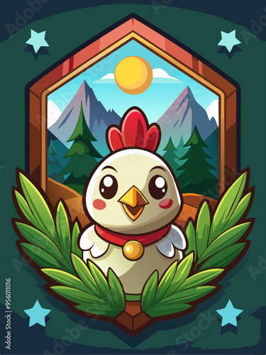 Cute Cartoon Chicken with Mountains in the Background
