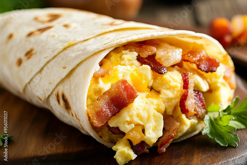 Breakfast burrito filled with eggs, cheese, and bacon