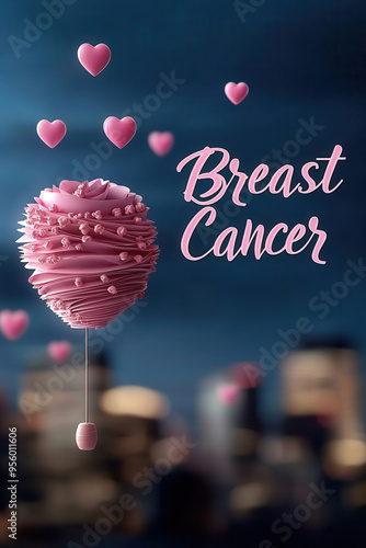 Pinklit USA skyline at dusk, Breast Cancer Awareness elements in the air, 3D illustration photo