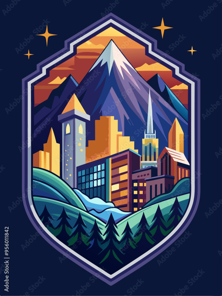Obraz premium Cityscape Surrounded by Mountains and a Forest