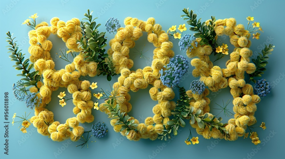 A floral card for March 8th featuring a yellow number A floral card for March 8th featuring a yellow number