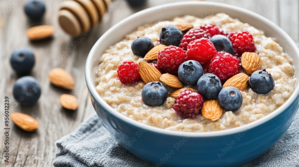Delicious Oatmeal with Blueberries Raspberries and Almonds Delicious Oatmeal with Blueberries Raspberries and Almonds
