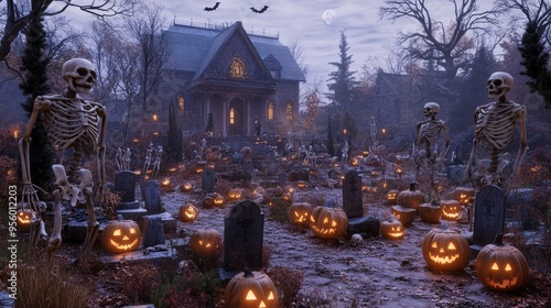 Haunted Mansion Halloween Cemetery with Jack o Lanterns and Skeletons photo