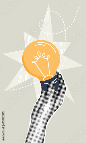 Trendy halftone collage of business concept. Vector illustration of idea, brainstorming, problem solving, teamwork. Creative concepts for web banner, social media, business presentation, marketing.