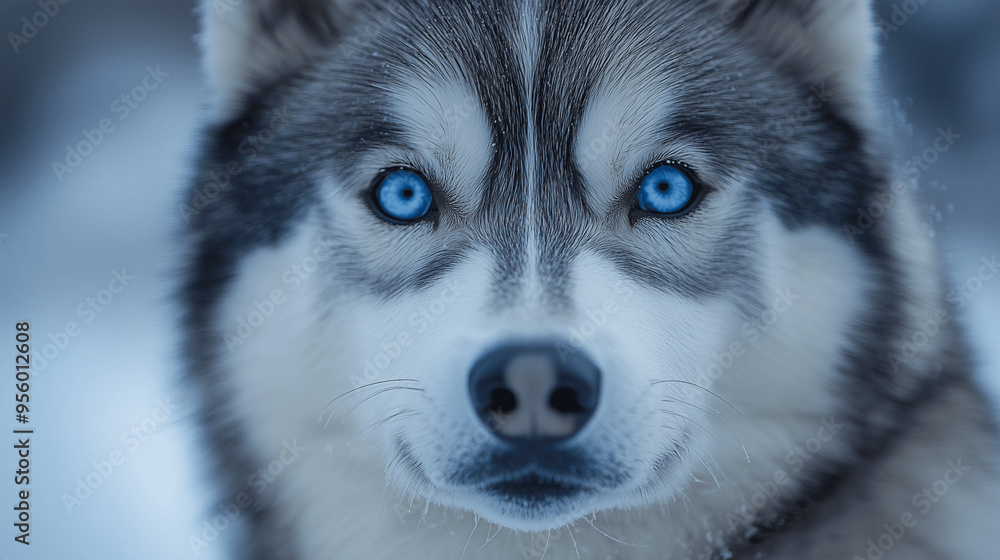 Obraz premium Captivating gaze of the Siberian Husky amidst the icy wilderness, where every strand of fur tells a story of resilience and grace. Witness the beauty of nature's finest creation through the piercing b